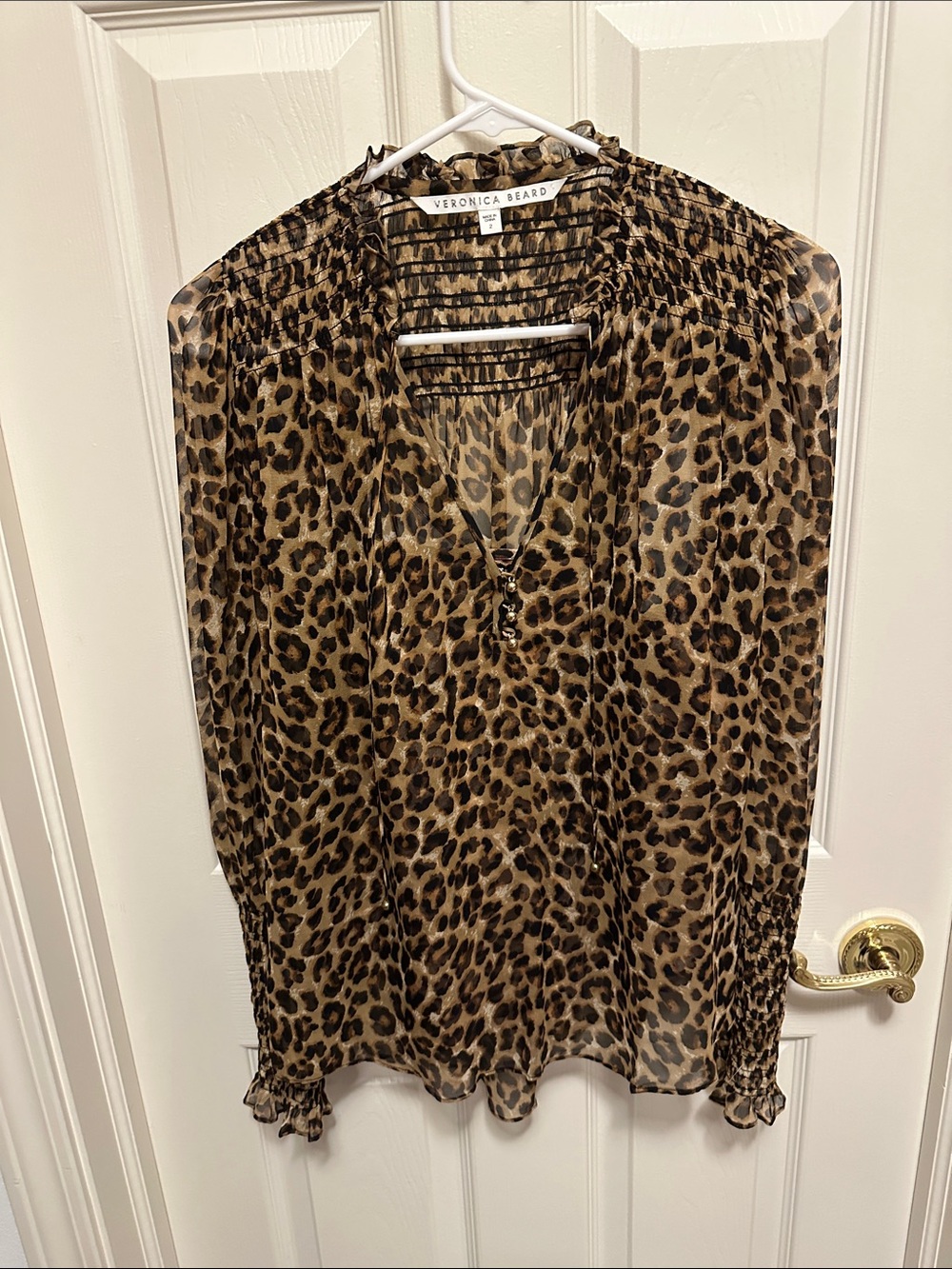 Veronica Beard Leopard Print V-Neck Sheer Blouse